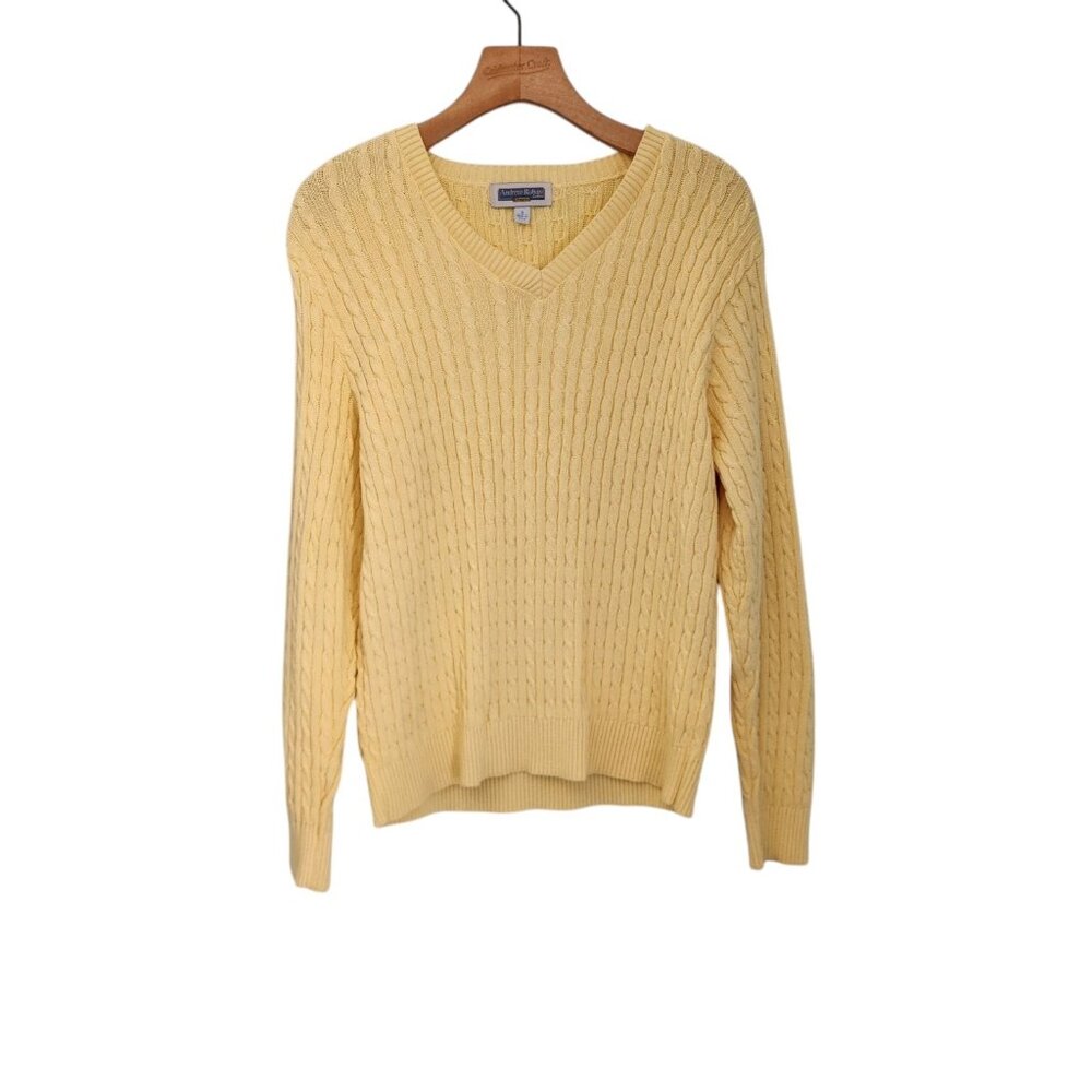 Vintage Andrew Rohan‎ Cable Knit Sweater Yellow V-Neck Cotton Womens Small EUC